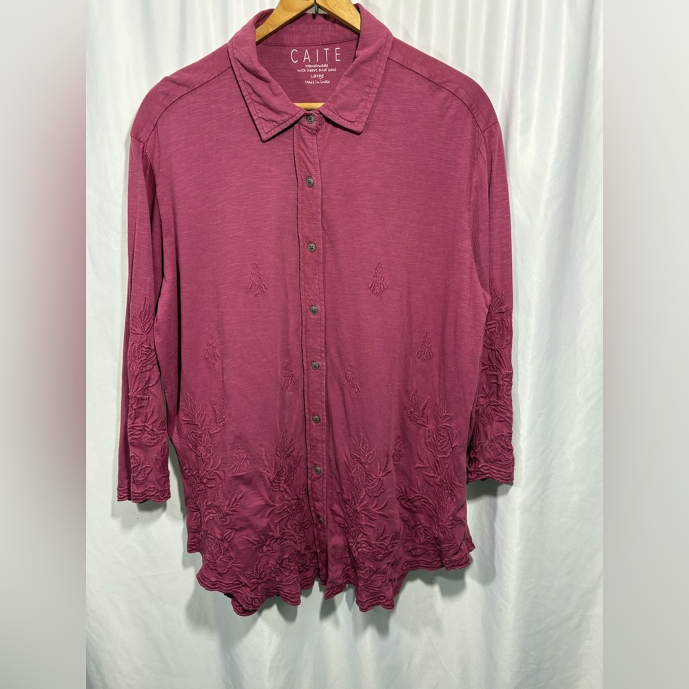 CAITE Women's Pink Handmade With Heart And Soul Sz L Embroidered Top